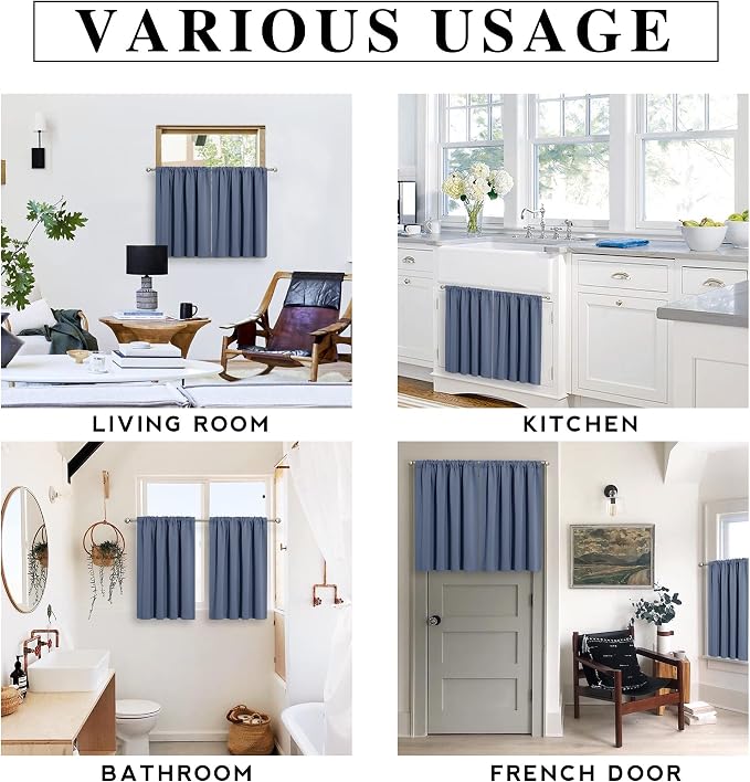 RYB HOME Blackout French Door Window Curtain Coverings, Rod Pocket | Thermal Insulated,Privacy Protection,Non See Through,Drapes for Small Window Bathroom Kitchen,W29 x L45,Stone Blue,2 Panels - Image 8