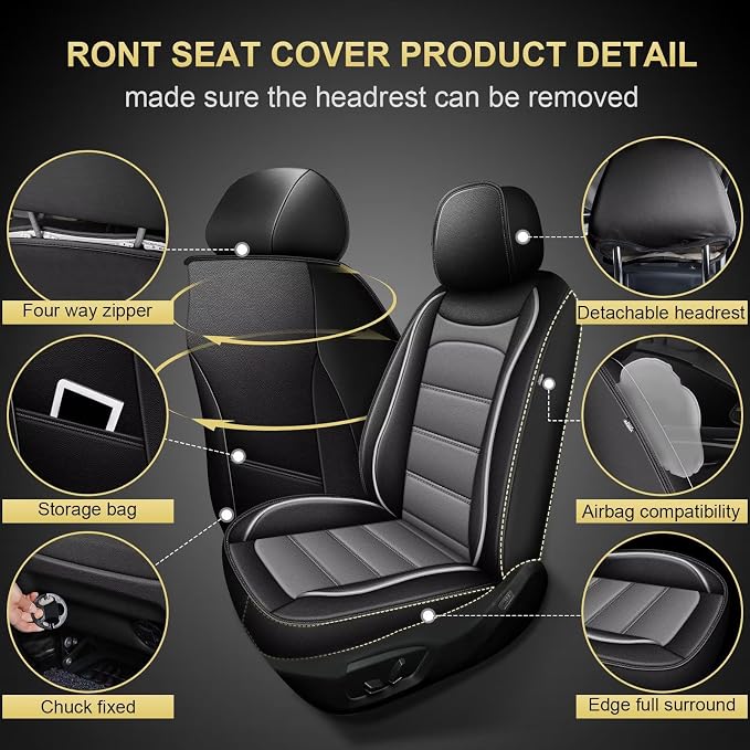 Car Seat Covers for VW/Volkswagen Passat 1999-2022 Full Set(5 Seats) | Luxury Fuax Leather, Waterproof, Airbag Compatible, Easy to Install, Scratch‑Resistant Seat Protection,Black&Grey - Image 3