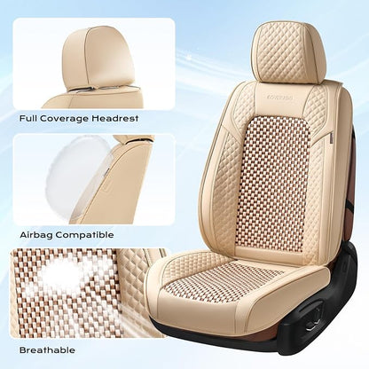 Coverado Seat Covers Full Set, 5 Seats Universal Seat Covers for Cars, Beige Car Seat Covers Front Seats Back Seat Cover, Breathable Car Seat Cushion, Leather Seat Cover Seat Protector Fit Most Cars - Image 5