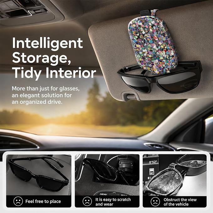 Sunglasses Holder for Car Visor, PU Leather Glasses Clip Organizer, Cute Magnetic Eyeglass Holder for Vehicle Sun Visor, Car Interior Accessory for Women & Men, Glitter - Image 2