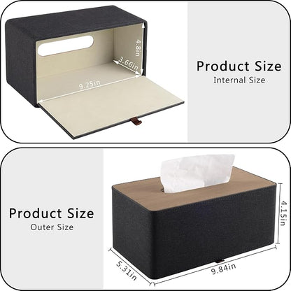 High-end Pu Leather Tissue Box Holder Two Color Combination-Linen and Wood Grain,Rounded Rectangle Napkin Paper Case Dispenser for Home Bathroom Dresser Offices Car Tissue Cover (Black) - Image 5