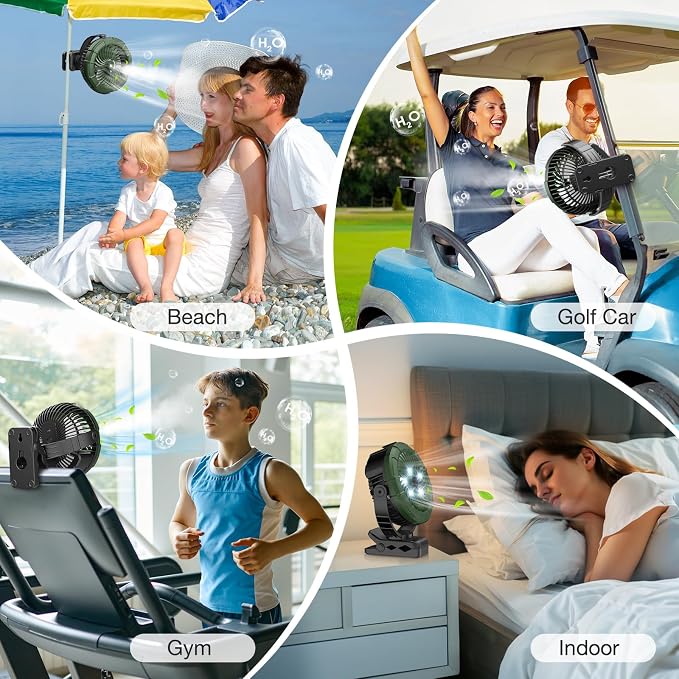 Ausic Portable Misting Golf Cart Fan, Clip on Fans, Max 45H Runtime, 100ml Camping Stroller Fan with Ligth, 360° Rotate Cooling Spray, Outdoor Rechargeable Battery Fans for Travel/Home/Beach - Image 7