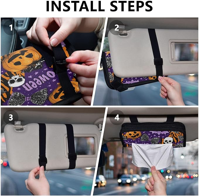 Car Tissue Holder Car Napkin Holder Car Tissue Box Dispenser Storage Case Sun Visor Mask Holder with Adjustable Straps Reusable Refillable Halloween Tiger Stripe Purple Orange - Image 4