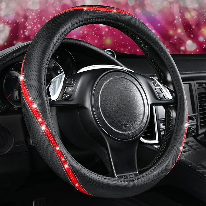 CAR PASS Bling Diamond Black Leather Steering Wheel Cover, Studded Crystal Rhinestones Universal Fit 14" 1/2-15" Glitter for Women Sparkle Girl Fit Suvs,Vans,Sedans,Car,Trucks, Red Diamond by CARPASS