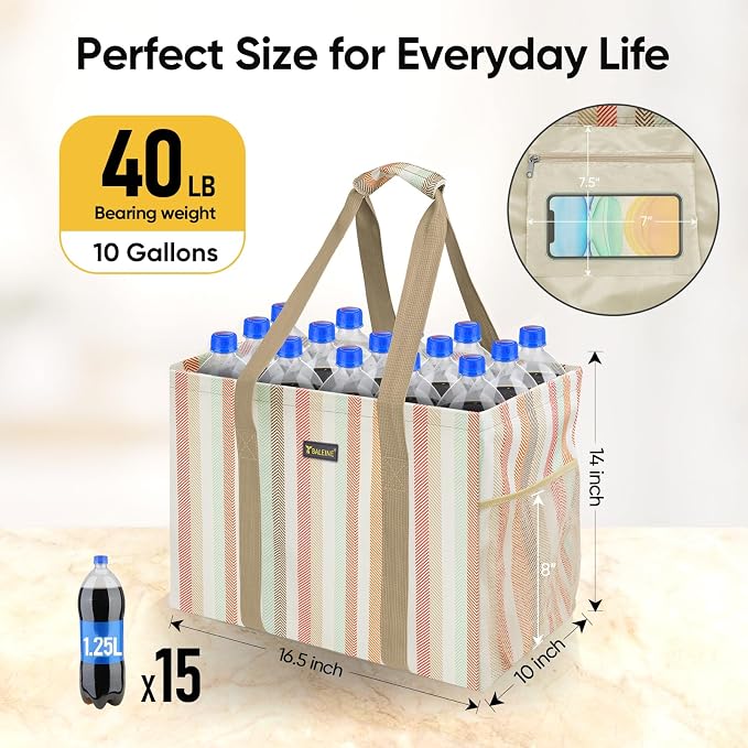 BALEINE Extra Large Utility Tote Bag with Reinforced Wire Frame, Reusable Grocery Bag for Shopping, Picnic (Color Strip, 16.5''x14''x10'') - Image 4