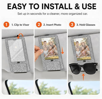 2-in-1 Car Visor Sunglasses & Photo Holder, Magnetic PU Leather Glasses Clip with Picture Display Slot, Universal Sun Visor Organizer for Eyeglasses, Personalized Cards & Memories, Silver Glitter - Image 4