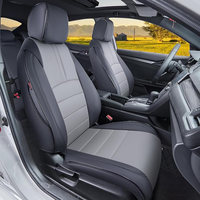 HKZ Custom Fit Civic Seat Covers for Honda Civic Sedan 2016 2017 2018 2019 2020 2021 LX (Not for LX-P)- 5-Seats Leather Full Set,Black+Grey by HKZ