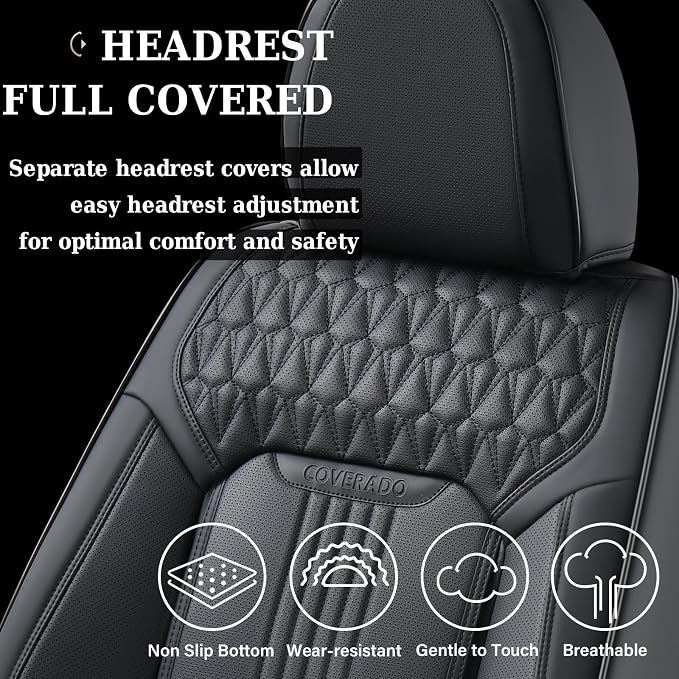 Coverado Seat Covers Full Set, Leather Car Seat Cover, Waterproof Car Seat Protector, Automotive Seat Covers Car Seat Cushion Universal Fit for Most Cars, Black - Image 6