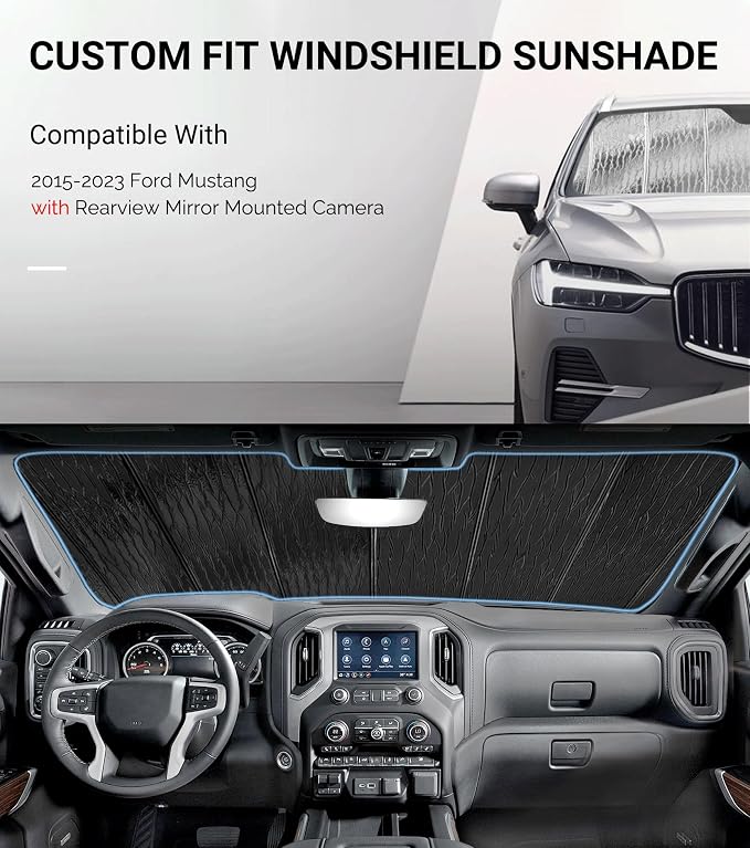 Pigenius Windshield Sun Shade for Ford Mustang 2015-2023 with Rearview Mirror Mounted Camera - AstraGuard - Image 2