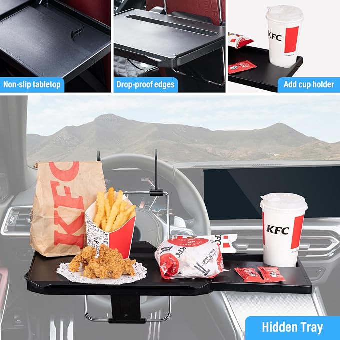 VarCozy Car Steering Wheel Tray, Foldable Hanging Rear Headrest Car Tray with Expandable Tray and Beverage Cup Slot, Portable Car Desk for Laptop Work, Eating, Drinking, and Doodling - Image 4