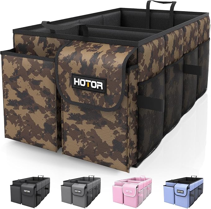 HOTOR Trunk Organizer - Foldable Car Organizer for SUVs & Sedans Storage | Sturdy Car Organization for Men & Women, Car Accessories, Tools, Brown Camouflage, 2 Compartments, 21.3" x 12.6" x 10.6" by HOTOR