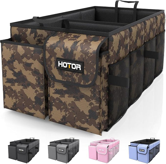 HOTOR Trunk Organizer - Foldable Car Organizer for SUVs & Sedans Storage | Sturdy Car Organization for Men & Women, Car Accessories, Tools, Brown Camouflage, 2 Compartments, 21.3" x 12.6" x 10.6" by HOTOR