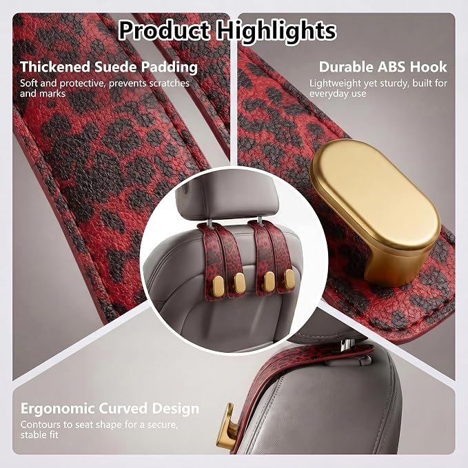 Purse Hook for Car Seat Headrest,Suede Car Purse Hook,Heavy Duty Car Hooks Organizer for Handbags,Grocery Bags & Backpacks,Universal Car Hooks for SUV Truck Interior (Red Leopard Print, Double hook) - Image 3