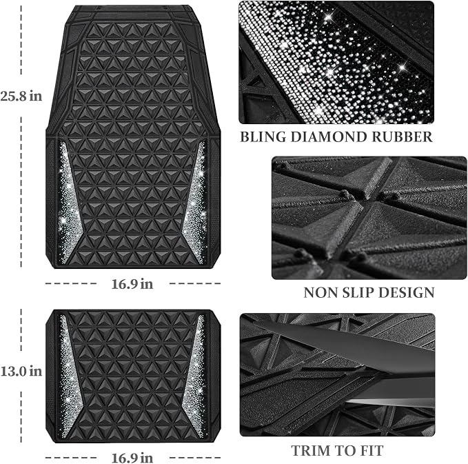 CAR PASS Bling Diamond Car Mats Rubber Floor Mats Full Set Anti-Slip 3D Rhombus Waterproof Trim to Fit Liner Universal Glitter Crystal Sparkly Shining Rhinestone Girl Women SUV Sedan Van, Black Silver - Image 4