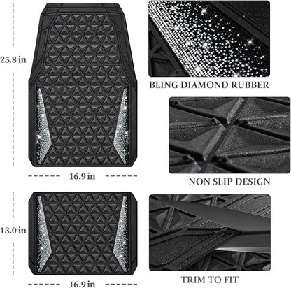 CAR PASS Bling Diamond Car Mats Rubber Floor Mats Full Set Anti-Slip 3D Rhombus Waterproof Trim to Fit Liner Universal Glitter Crystal Sparkly Shining Rhinestone Girl Women SUV Sedan Van, Black Silver - Image 4