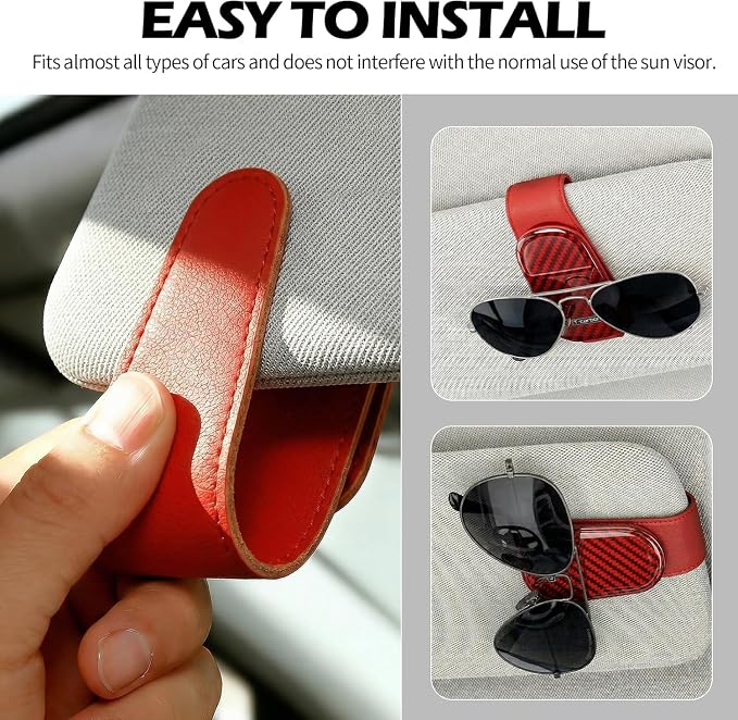 T-carbon 2 Pack Sunglass Holder for Car Sun Visor | Magnetic Leather Sunglasses Hanger,Glass Fiber Sunglasses Holder and Ticket Card Clip, Car Visor Accessories,Red - Image 4