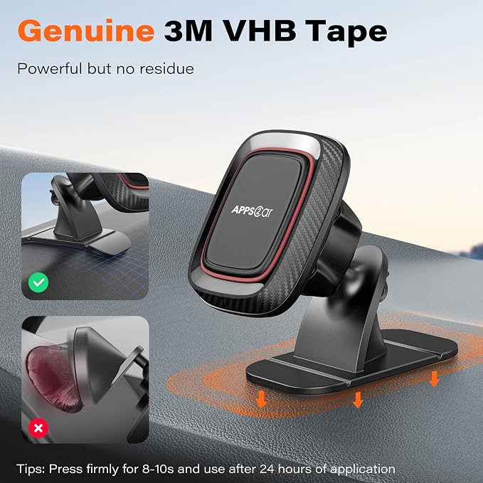 APPS2Car Magnetic Car Phone Mount, Dashboard Phone Holder, 1-Pack | 360° Magnetic Phone Holder for Car with Adhesive Base; Includes Metal Plate and Fits Most Phones. Not for Direct MagSafe Use - Image 2