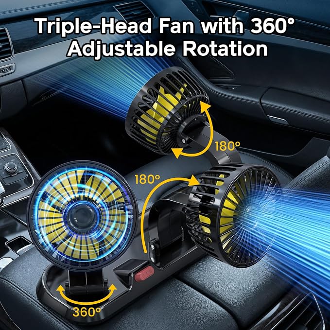 Portable 3-Head Car Cooling Fan, Fans for Vehicles Cars Dashboard | Cigarette Lighter Plug, No Battery - Image 4