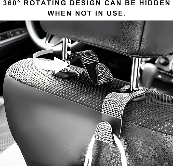 4 PCS Car Seat Headrest Hooks, Bling Crystal Rhinestone Back Seat Hanger Storage Organizer, Sparkly Seatback Holder Hooks for Purse and Bags Universal For Most Vehicles (Silver) - Image 6