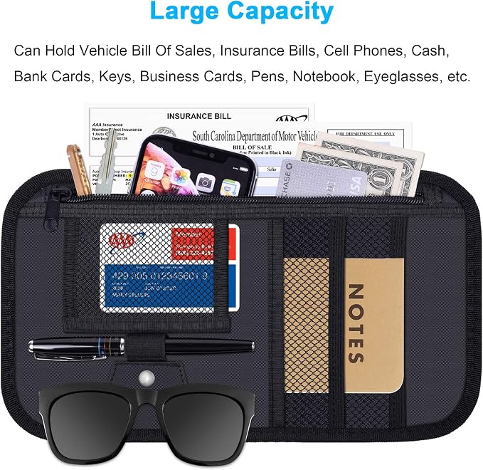 Wisdompro Car Sun Visor Organizer, Registration and Insurance Holder, Black | Auto Sunvisor Pocket, Truck Storage Pouch with Elastic Strap for Sunglass, Glasses, Documents, Cards, Pen, Drivers License - Image 2
