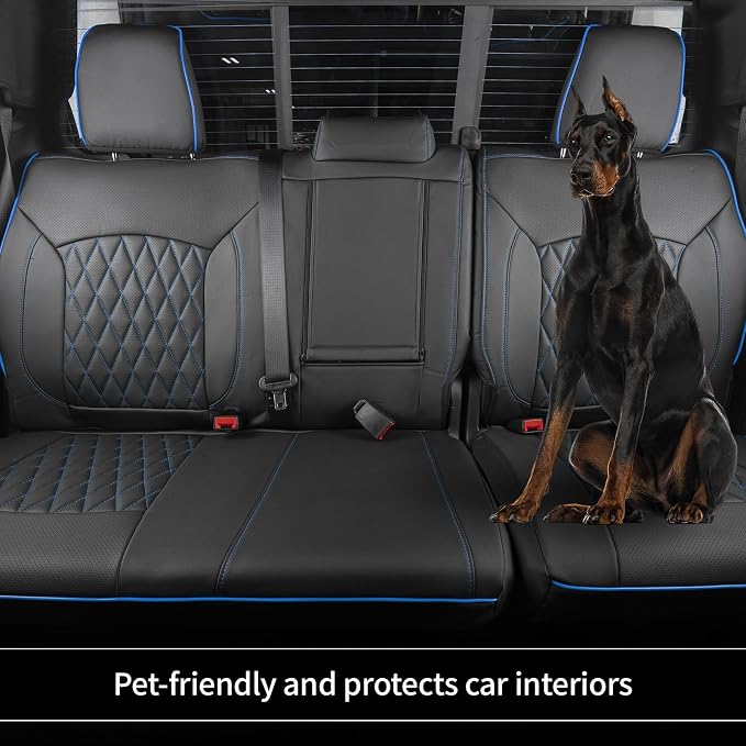 EKR Ram 1500 Seat Covers Custom Fit for (Quad Cab) RAM 1500 Big Horn/Long Star 2019-2025,Waterproof Black Car Seat Cover for Trucks Full Set-Faux Leather(Black with Blue Piping) - Image 7