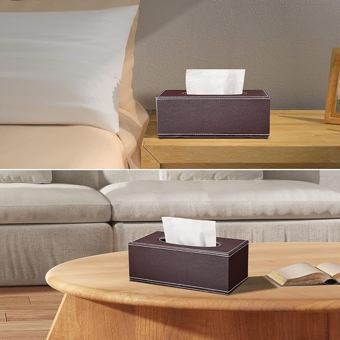Tissue Box Cover Rectangle, PU Leather Tissue Box Holder Rectangular, Kleenex Box Covers for Home/Office/Car Decoration 9.84"X5.23"X3.77" - Brown - Image 5