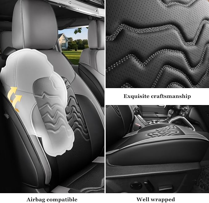 Red Rain Leather Seat Cover Customized Fit for 2021-2026 Ford Bronco 2 Door | Waterproof Leather Full Coverage SUV Seat Covers Black and Gray Auto Interior Protector (Bronco 2Door-Black+Black) - Image 4