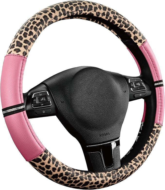 Road Comforts Leopard Steering Wheel Cover for Women, Cute Anti-Slip Microfiber Leather, Universal Fit 14.5-15 Inch Round Steering Wheel - Pink - Image 2