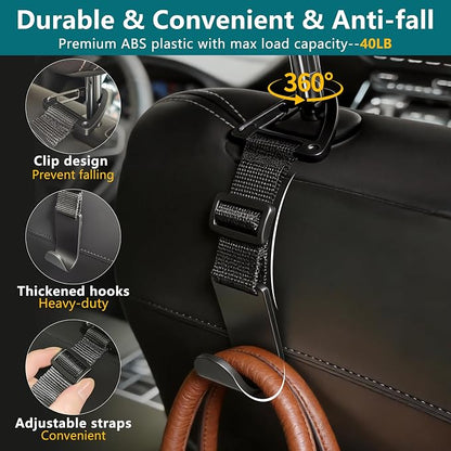 Amooca 4 Pack Anti-drop Headrest Hooks Adjustable Car Seat Organizer | Universal Fit with Clip, Hanger for Backpack Umbrella Water Bottle Coat Purses Handbags Groceries, 40lb Heavy Duty, Black - Image 5