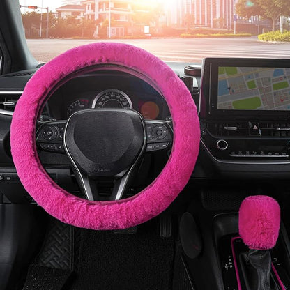 SEG Direct Furry Steering Wheel Cover, Fluffy Fuzzy Gear Shift, Magenta | Gear Shift Cover, 2 PCS Set, Soft and Warm, Cute Fur Auto Car Decor, Standard Size 14.5- 15 inch for Women Men - Image 2