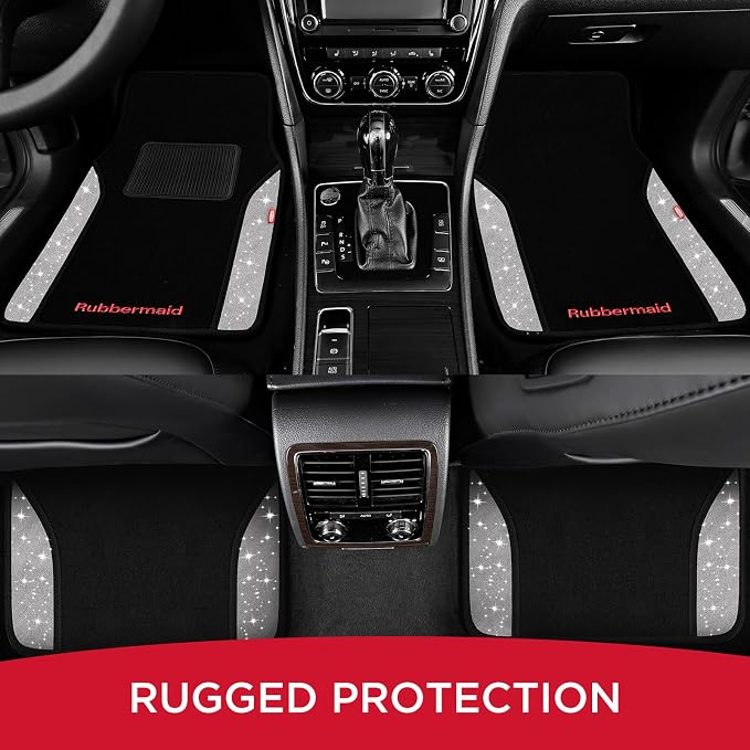 Rubbermaid Bling Car Mats, Carpeted Floor Car Mat with Faux Leather & Built-in Heel Pad, Two-Tone Car Rug Floor Mats, Stylish Carpeted Floor Mats for Cars, Trucks & SUVs Glitter Sliver Color - Image 7