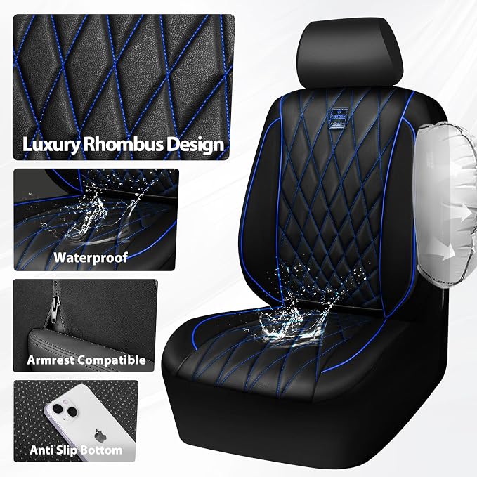 CAR PASS Piping Luxury PU Leather Two Front Car Seat Covers,Waterproof Anti- Slip Seat Covers Compatible with Front Seat Armrests,Universal Fit for Suvs,Vans,Trucks,Airbag Compatible(Black and Blue) - Image 6