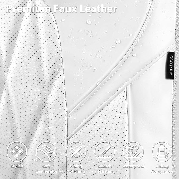CAR PASS Nappa Leather High Back Front Seat Covers, Tesla Model 3 Model Y Breathable Faux Leather Front Bucket Seat Covers, Anti-Slip Airbag Compatible Universal Fit for Sedan SUV Van Truck, White - Image 4