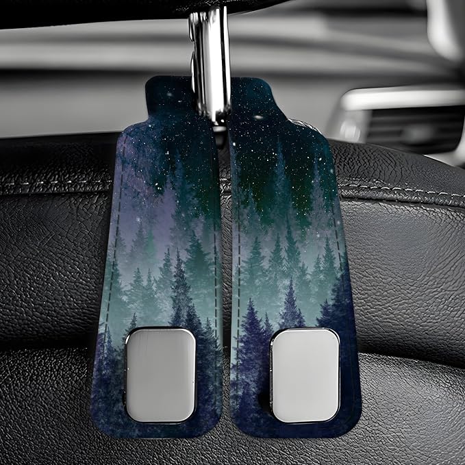 Car Seat Back Storage Headrest Hook, Premium Leather Double Metal Hook, Hanger Storage Organizer for Purse Cloth Bag, Car Interior Accessories Purple Cute Universe Forest - Image 6
