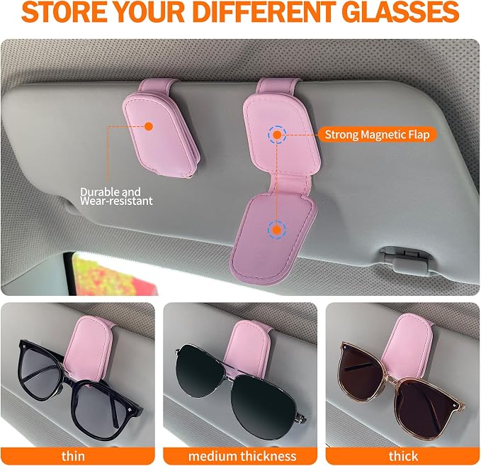 Shering Sunglasses Holders for Car Sun Visor, 2pack Pink Magnetic Leather Glasses Eyeglass Hanger Clip for Car, Visor Sunglasses Holder Clip Car Accessories for Truck | Magnetic Leather Eyeglass Hanger Clip for Car Visor, One-Hand Easy Operation, Inter... - Image 2