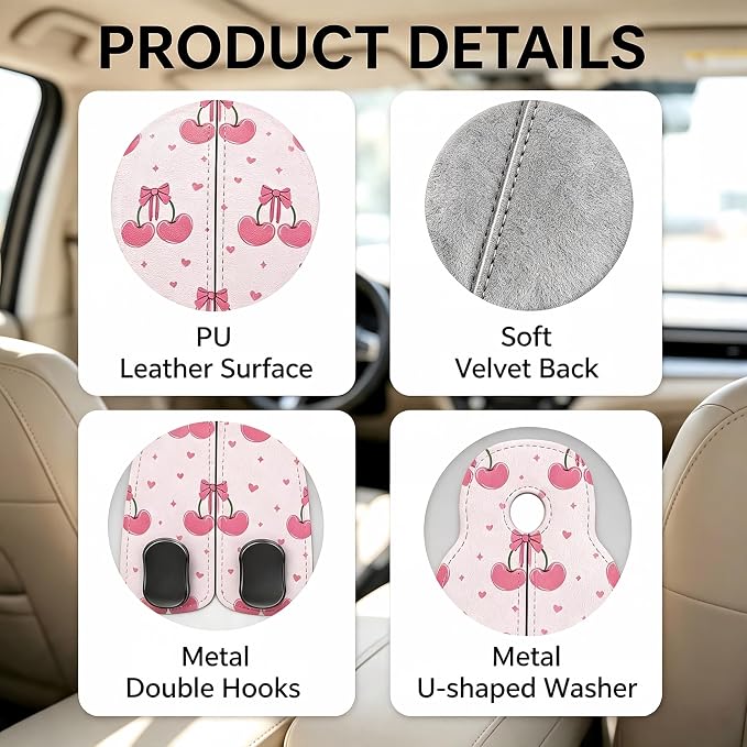 Car Seat Back Headrest Hooks - 2 Pack, Pink Cherry Bow Pattern Purse Hook for Car, Metal Leather Multifunctional Auto Hanger Organizer for Bags Water Bottles Phones - Image 3