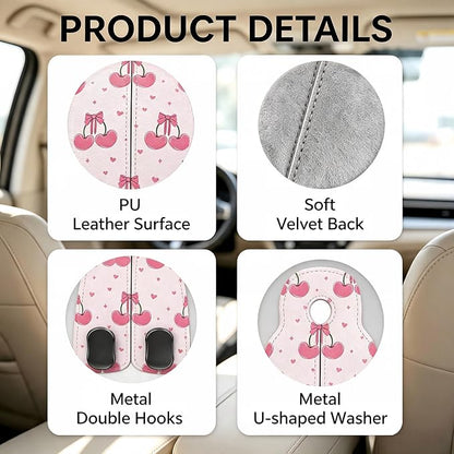 Car Seat Back Headrest Hooks - 2 Pack, Pink Cherry Bow Pattern Purse Hook for Car, Metal Leather Multifunctional Auto Hanger Organizer for Bags Water Bottles Phones - Image 3