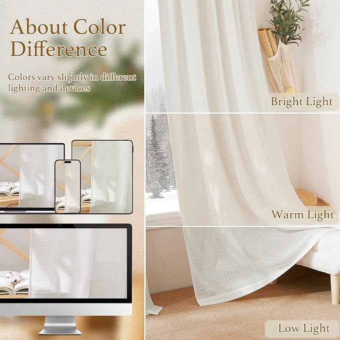 RYB HOME Linen Blend Curtains 90 inches Long for Farmhouse | Light Filtering, Semi Sheer, Airy Breathable Window Treatments, Soften Sunlight, Linen, W52 x L90, 2 Panels - Image 6
