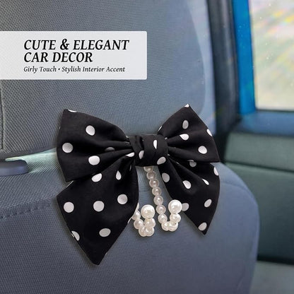 2 PCS Bow Pearl Car Seat Headrest Hook – Cute Purse Hook for Car, Girly Interior Decoration Accessories Hook Hanger, Seatback Holder for Purses & Bags, Elegant Car Organizer (Black Polka Dot) - Image 5