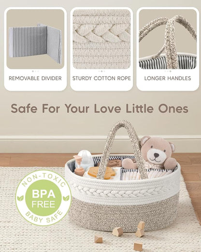Maliton Extra Large Diaper Caddy Organizer, Cotton Rope Nursery Basket, Portable Organizer for Changing Table, Car, Diaper Storage for Baby Stuff for Newborn - Image 3