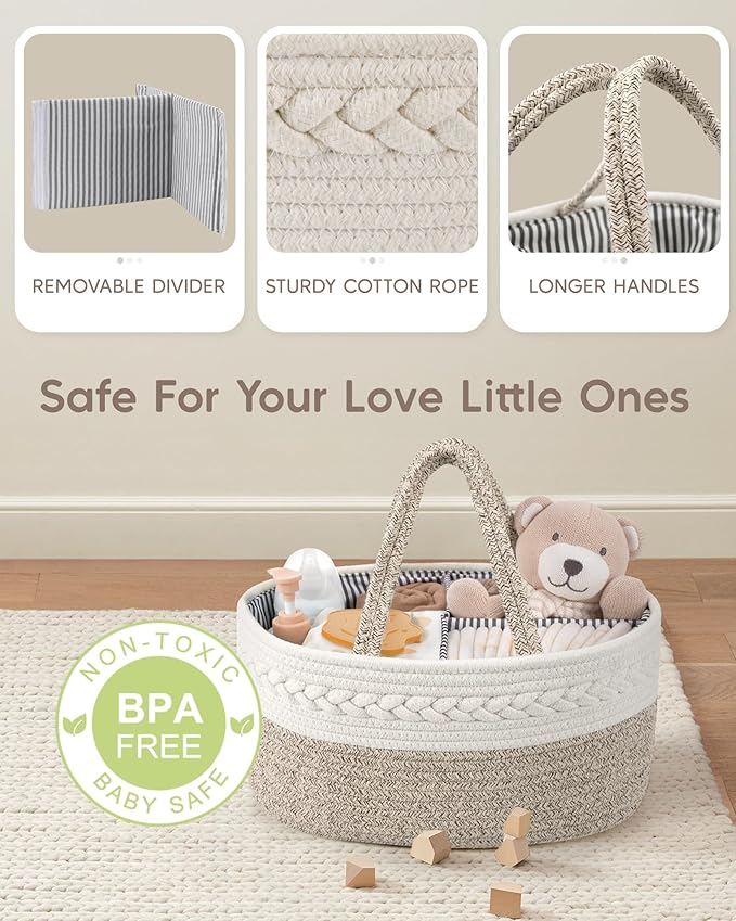 Maliton Baby Diaper Caddy Organizer, X-Large Cotton Rope, Rustic Style, Portable, 3 Compartments, A-Brown - Image 3