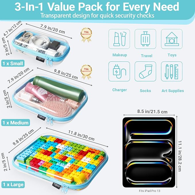 YQBRAO Clear Hard Shell Organizer Cases, 3-Pack, Blue | Large, medium & small rigid PET organizers for travel, tech accessories, beauty products and everyday storage - Image 4