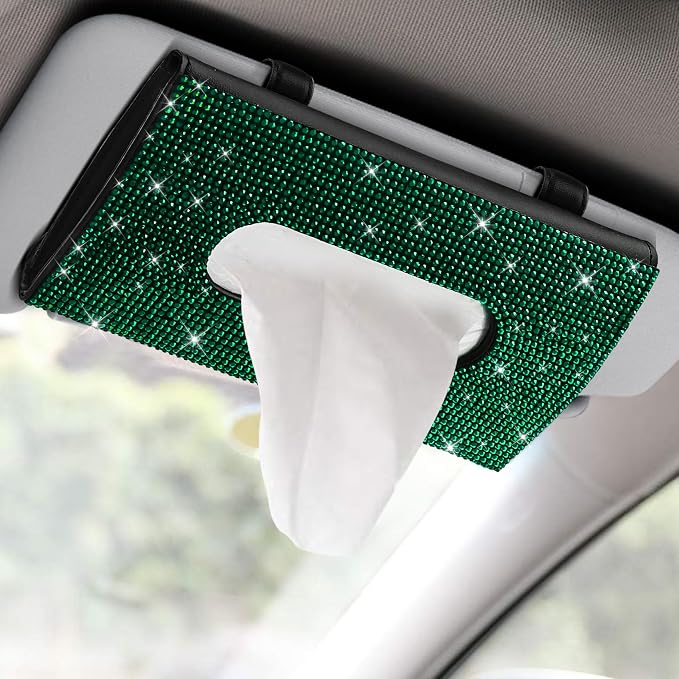 Bling Car Sun Visor Tissue Box Holder, Visor Accessories, Rhinestone PU Leather Crystal Sparkling Napkin Holder, Auto Sun Visor Paper Towel Cover Case Accessories for Most Cars (Green) by Unknown