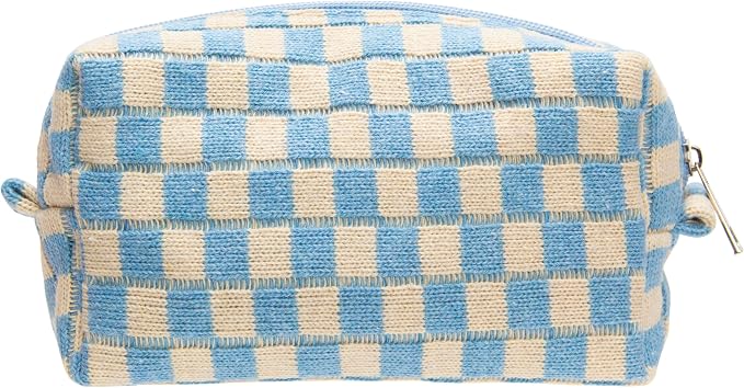 Checkered Makeup Bag for Purse, Small Travel Cosmetic Pouch,Blue Beige | Cute Zipper Makeup Organizer for Women, Travel Essentials, Toiletries, Makeup Brushes, Beauty Accessories&Bridesmaid Gifts by PAZIMIIK