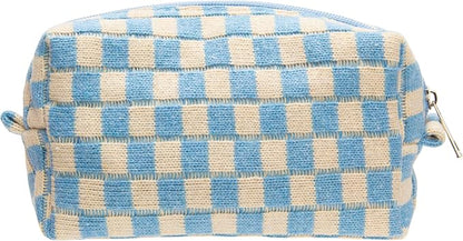 Checkered Makeup Bag for Purse, Small Travel Cosmetic Pouch,Blue Beige | Cute Zipper Makeup Organizer for Women, Travel Essentials, Toiletries, Makeup Brushes, Beauty Accessories&Bridesmaid Gifts by PAZIMIIK