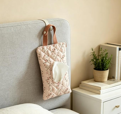 Portable Quilted Floral Tissue Holder – Hanging Fabric Tissue Box Cover with Strap, Reusable Tissue Dispenser for Baby Stroller, Car, Bedroom, Kitchen, Office & Travel,10.2 X 5.9 Inch (Pink) - Image 6