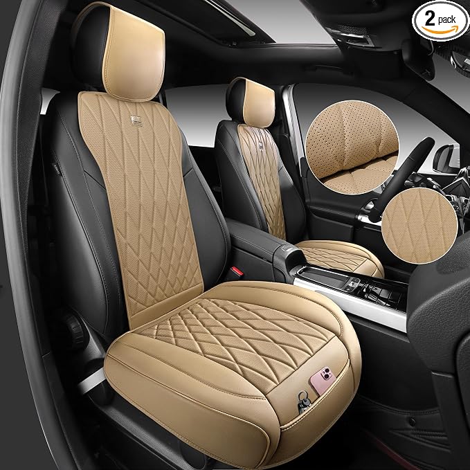 CAR PASS Luxury Nappa Leather Front Car Seat Covers, Sideless Car Seat Protectors with Storage Pocket, Non-Slip Automotive Seat Cover for Cars Trucks SUV, Airbag Compatible, 2 Pack (Beige) by CARPASS