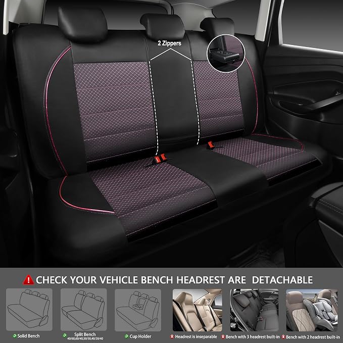 CAR PASS Piping PU Leather Car Seat Cover Full Set,Inside Zipper Design and Reserved Opening Holes，Airbag Compatible,Universal FIT for Car, SUVs,Van,Trucks（Full Set, Black & Pink） - Image 4