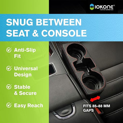 IOKONE Car Cup Holder, PU Leather, Car Seat Gap Filler Organizer, Black | Console Side Pocket, Front Seat Organizer, Drink Holder for Car, Universal Fit, Easy Installation, Cell Mobile Phone Holder - Image 3