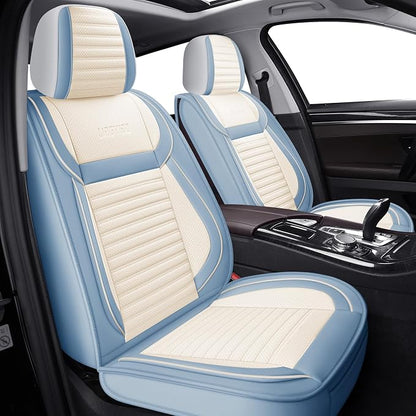 Front Car Seat Covers, Faux Nappa Leather for Sedan SUV, 2 Seats | Waterproof, Breathable and Airbag Compatible, Helps Reduce Slipping, White-Light blue by LingvidoSeatCover